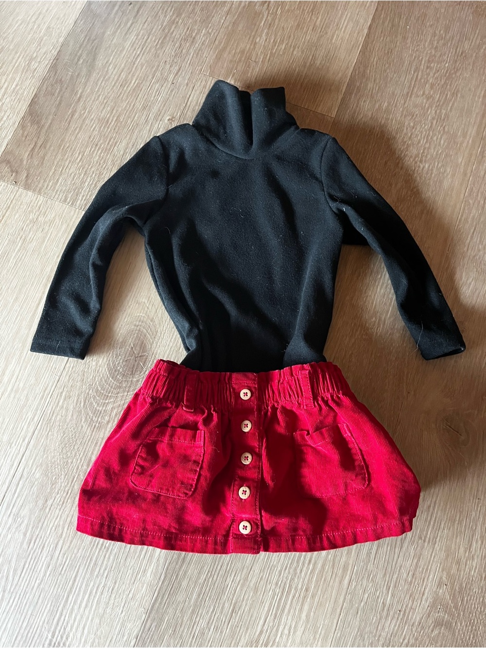 Black Turtleneck Top and Red Button-Front Skirt Set for Kids